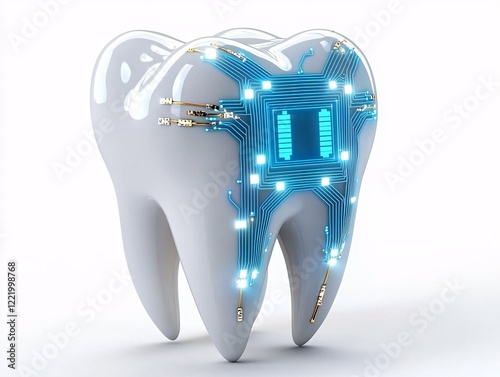 Obraz na płótnie 3D Human Tooth Anatomy concept. A futuristic tooth design with blue circuitry, symbolizing advanced dental technology and innovation in oral care. w salonie