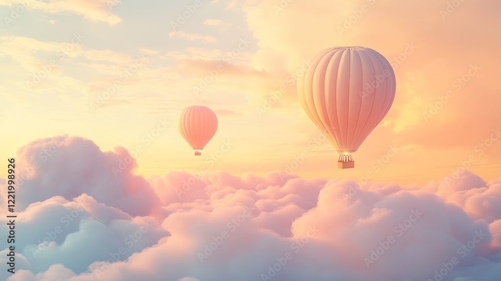 Naklejka premium Two hot air balloons soar above a sea of clouds at sunset, ideal for travel brochures