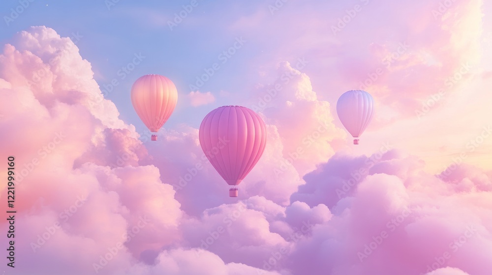 Obraz premium Pastel hot air balloons soar above dreamy cloudscape at sunset; travel, dreamscape