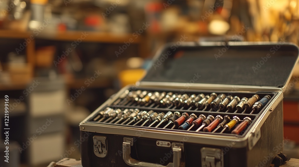 A toolbox filled with various tools, including a screwdriver and pliers, is open on the workbench in an old factory workshop. A toolbox filled with various tools, including a screwdriver and pliers, is open on the workbench in an old factory workshop.