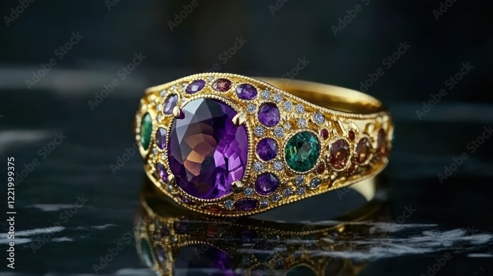 Fototapeta premium Amethyst gold ring, gemstones, dark background, reflection, jewelry advertising