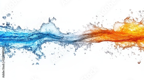 Two colorful water jets colliding and splashing on white background