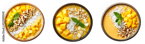 Collection of tropical smoothie bowl featuring mango chunks, coconut flakes, and macadamia nuts isolated on a white or transparent background