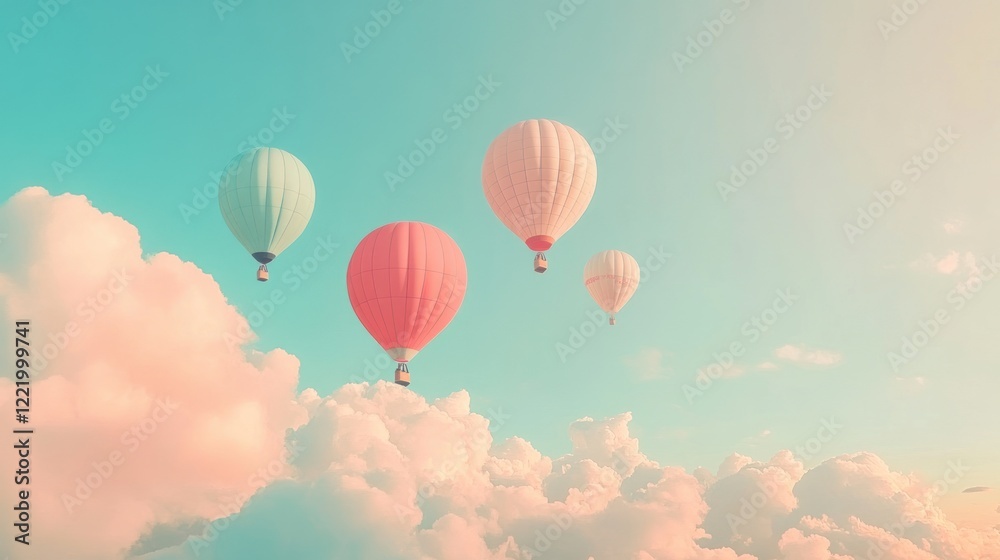 Naklejka premium Pastel Hot Air Balloons Soaring Through a Dreamy Sky