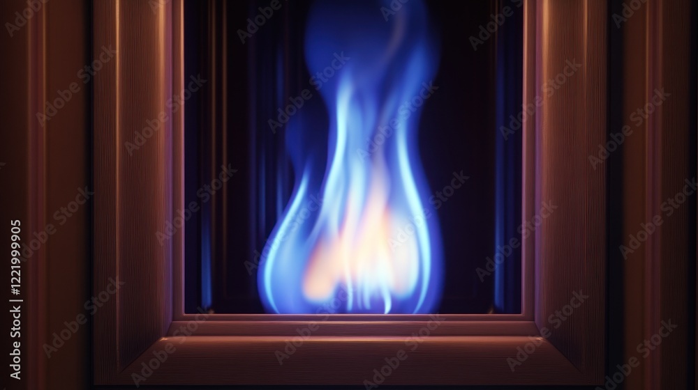 Fototapeta premium Blue flame burning in dark framed fireplace