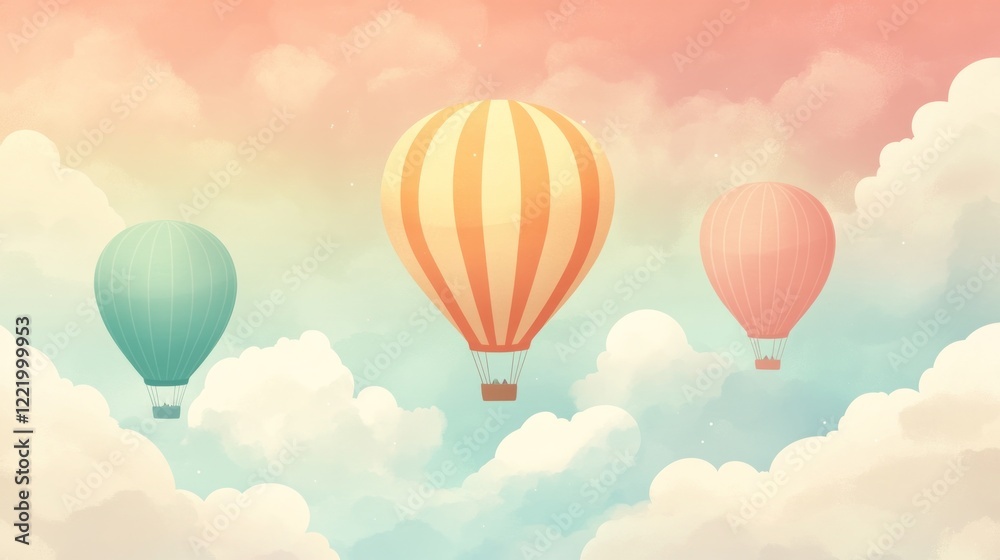 Fototapeta premium Pastel hot air balloons soar above fluffy clouds at sunset; dreamy travel poster