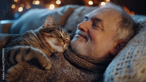 Elderly man playing with his cat on the couch, cozy and warm home setting photo