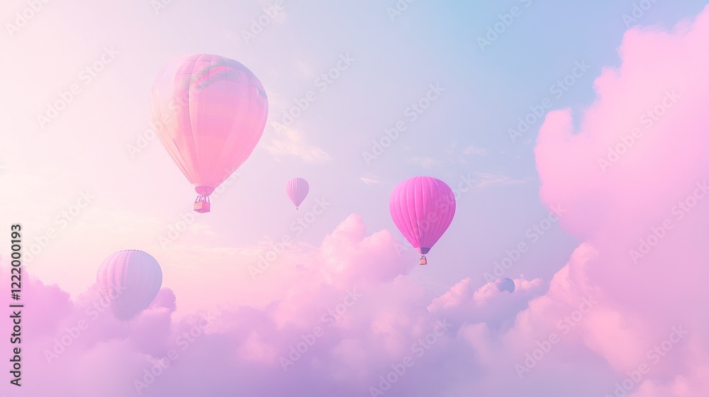 Obraz premium Pink hot air balloons soaring above dreamy cloudscape at sunrise; idyllic travel poster
