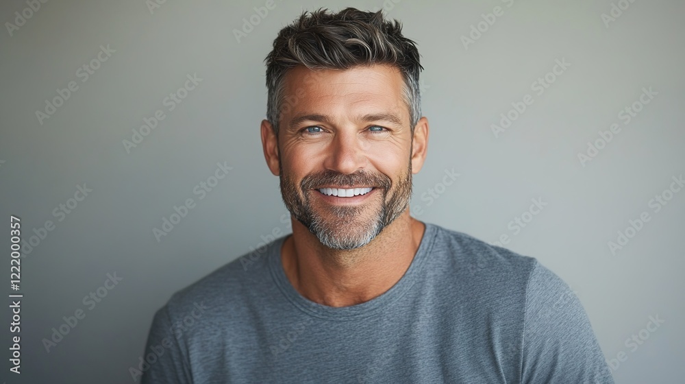 A portrait of an attractive man with short hair and a beard, smiling at the camera. He is wearing a casual gray t-shirt against a light gray background. A portrait of an attractive man with short hair and a beard, smiling at the camera. He is wearing a casual gray t-shirt against a light gray background.