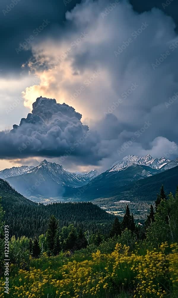 Majestic mountain landscape with dramatic clouds and sunlight