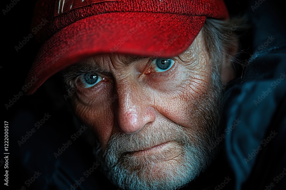 Happy Elderly Man in Red Cap Smiling on City Street Happy Elderly Man in Red Cap Smiling on City Street