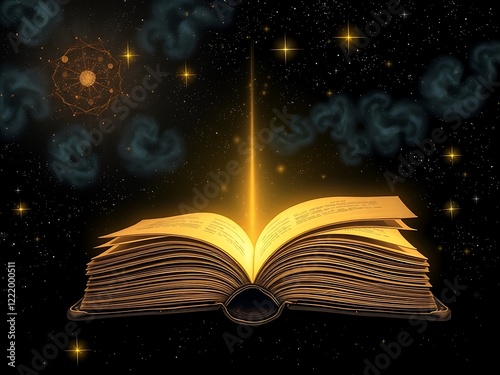 An ancient, glowing book emits golden light and magical smoke, set against a starry, dark background. generative ai photo