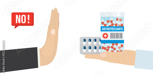 Human hand showing refusal gesture. Pharmacist offers blister and bottle with antidepressant drugs. Liberation from pills and medical addiction. Freedom and health.