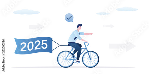 Ambitious businessman fast ride on bicycle and pulling flag 2025 year. Business effort, future forecasting. Horizontal motivational banner. New year celebration.