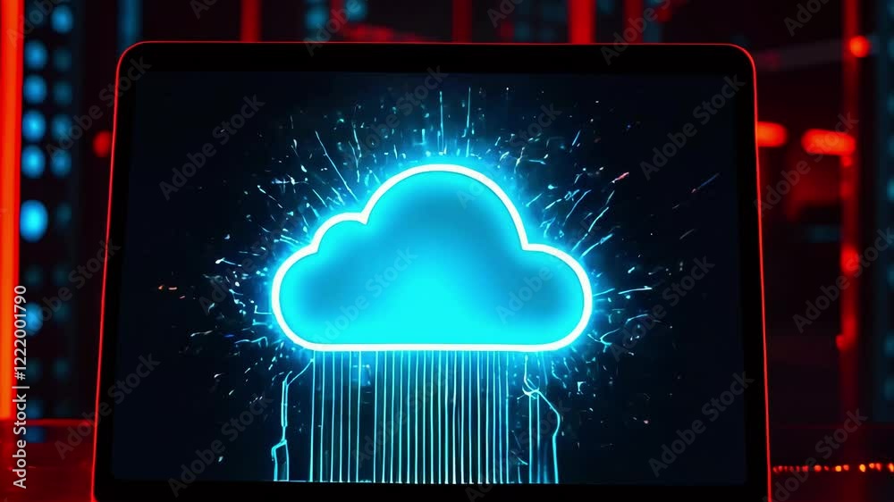 Futuristic cloud computing concept on a laptop screen with vibrant neon lights in a tech environment