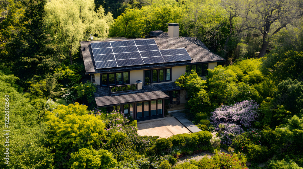 A home with solar panels, set in a peaceful environment with green trees, flowers, and renewable energy, embodying a sustainable future. A home with solar panels, set in a peaceful environment with green trees, flowers, and renewable energy, embodying a sustainable future.
