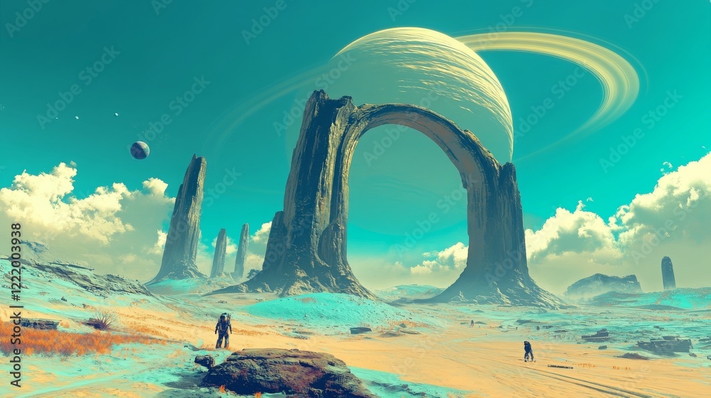 Fototapeta premium A vast, windswept alien desert with shifting dunes of vibrant blue sand, towering stone arches, and a giant ringed planet dominating the sky, 16:9