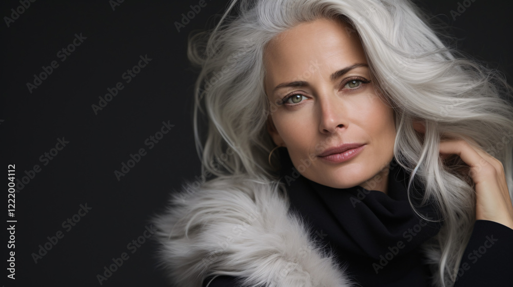 A middle-aged woman confidently showing off her beautiful white hair, with a dark background and space for text.
A middle-aged woman confidently showing off her beautiful white hair, with a dark background and space for text.