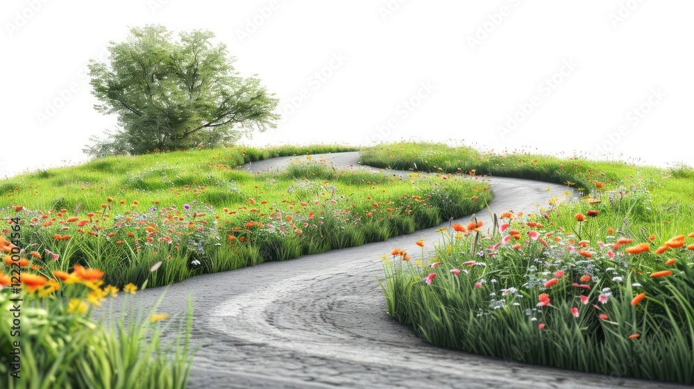 Fototapeta premium Country road flower fields architecture vegetation landscape.