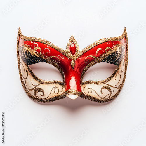 An elegant opera carnival masquerade mask, beautifully designed, isolated on a white background, showcasing intricate details and vibrant colors.

