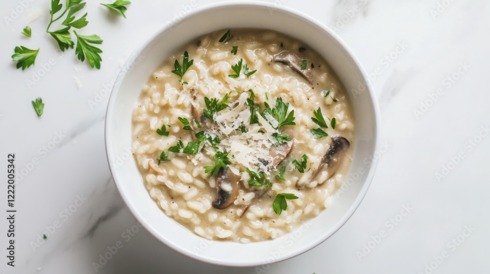 A bowl of creamy mushroom risotto with a sprinkle of Parmesan cheese and fresh parsley, Centered in a minimalist white bowl, Overhead view with soft ambient light A bowl of creamy mushroom risotto with a sprinkle of Parmesan cheese and fresh parsley, Centered in a minimalist white bowl, Overhead view with soft ambient light