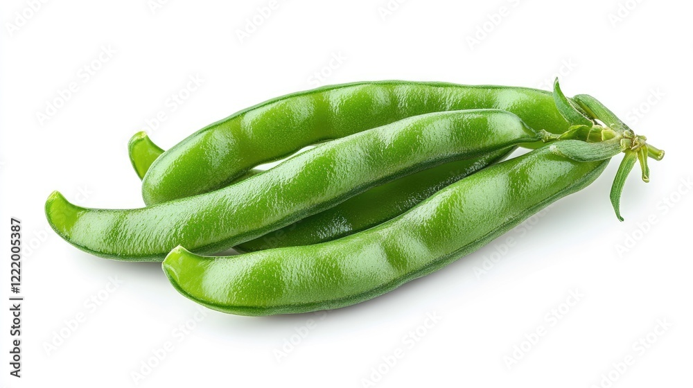 Fresh green beans isolated on white background, showing three whole pods