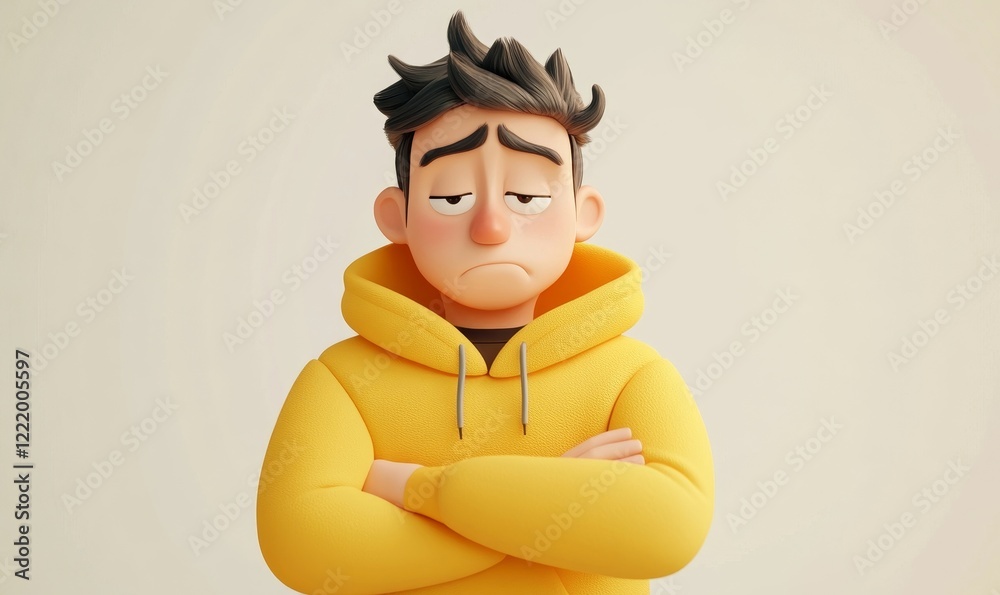 Sad and Stressed Male Cartoon Character in Yellow Hoodie, 3D Style Design on Light Background, Depicting Human Emotions and Expressions, Generative AI Sad and Stressed Male Cartoon Character in Yellow Hoodie, 3D Style Design on Light Background, Depicting Human Emotions and Expressions, Generative AI