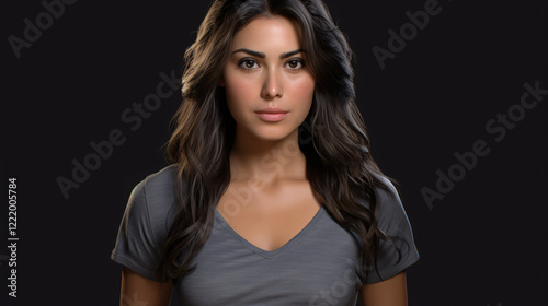 A photorealistic medium shot of a Latin woman, showcasing her natural beauty and confident expression.

