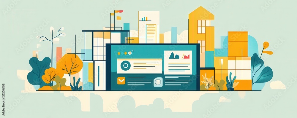 A vibrant illustration featuring buildings, trees, and digital elements, showcasing a modern urban landscape with a blend of nature and technology. A vibrant illustration featuring buildings, trees, and digital elements, showcasing a modern urban landscape with a blend of nature and technology.