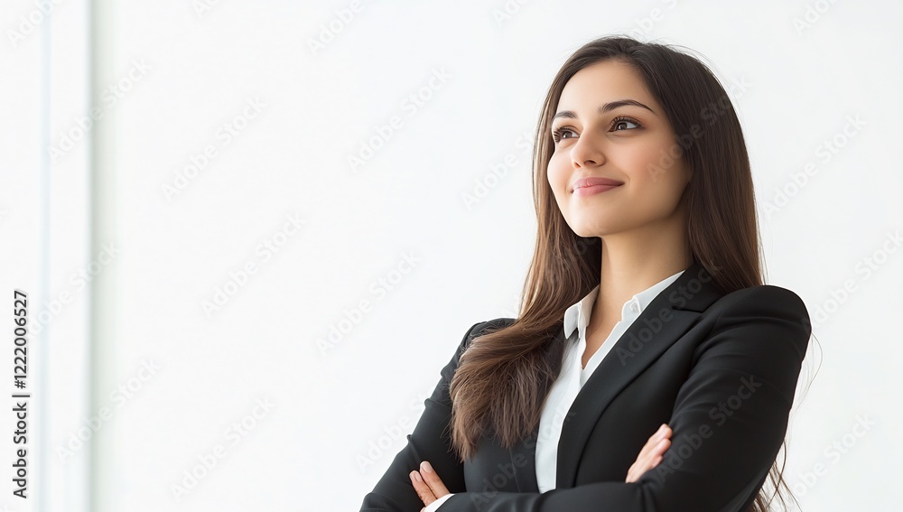 Confident businesswoman looking ahead, office background, success Confident businesswoman looking ahead, office background, success