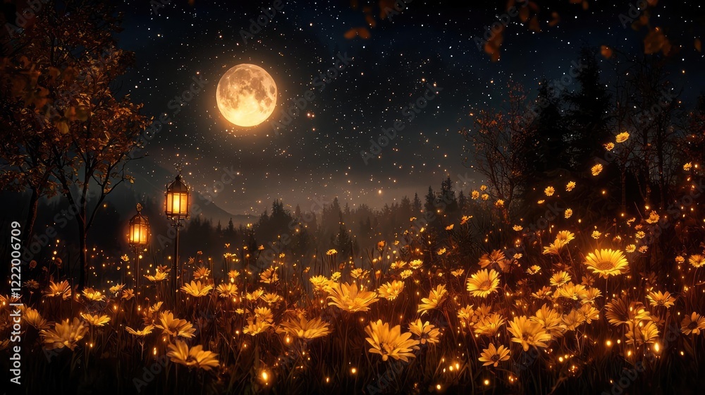 Naklejka premium Magical autumn night, moonlit flower field, glowing lanterns, misty forest background; fantasy art