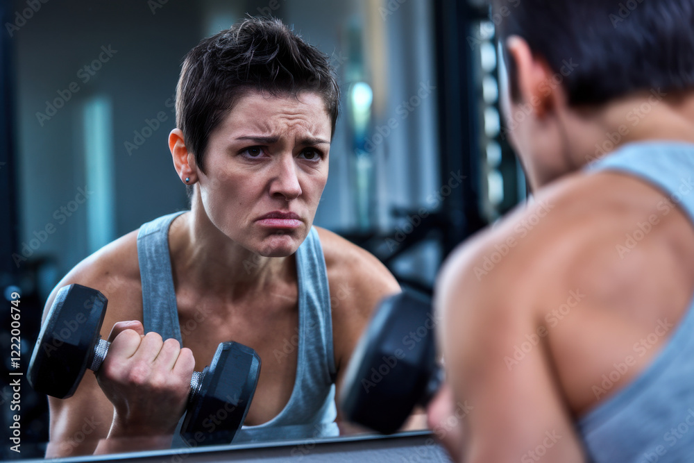 A person looking at their reflection in a gym mirror, appearing dissatisfied A person looking at their reflection in a gym mirror, appearing dissatisfied