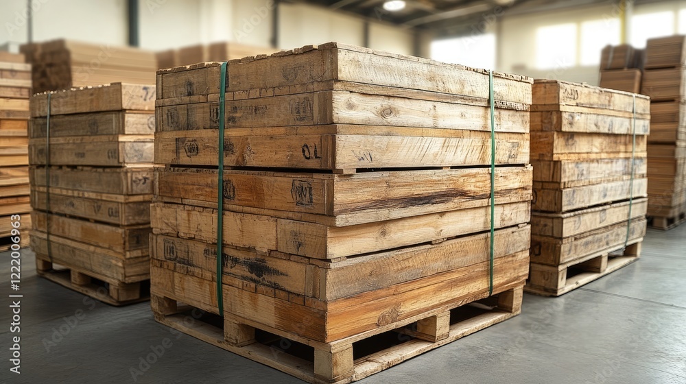 Wooden crates stacked on pallets in warehouse storage area Wooden crates stacked on pallets in warehouse storage area