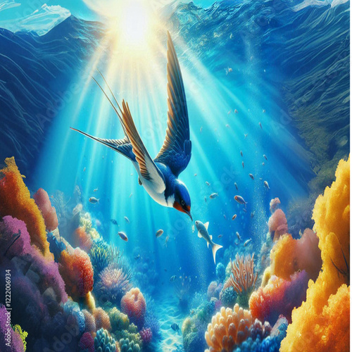 The swallow dives under the sea to catch fish with sunlight shining through