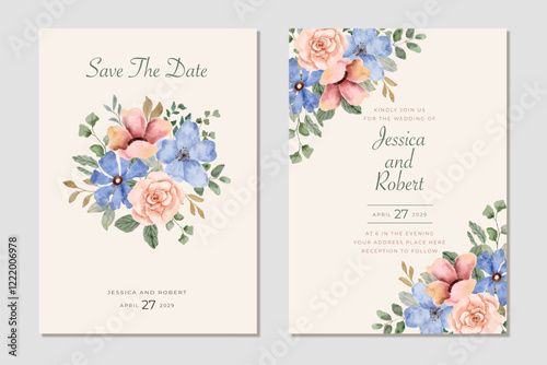 wedding invitation card blue pink floral watercolor frame
