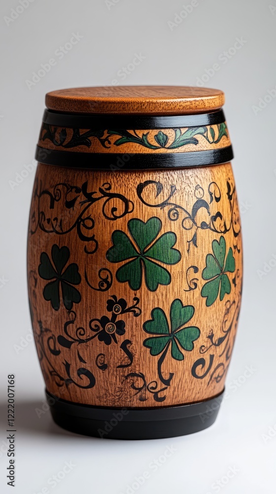Wooden barrel decorated with green and gold shamrocks standing on white background Wooden barrel decorated with green and gold shamrocks standing on white background