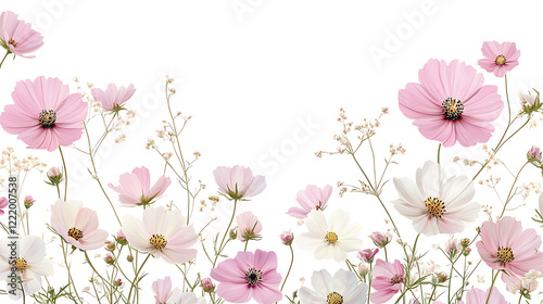 A beautiful cosmos arrangement, a decorative flower border, and blossoms on a white backdrop