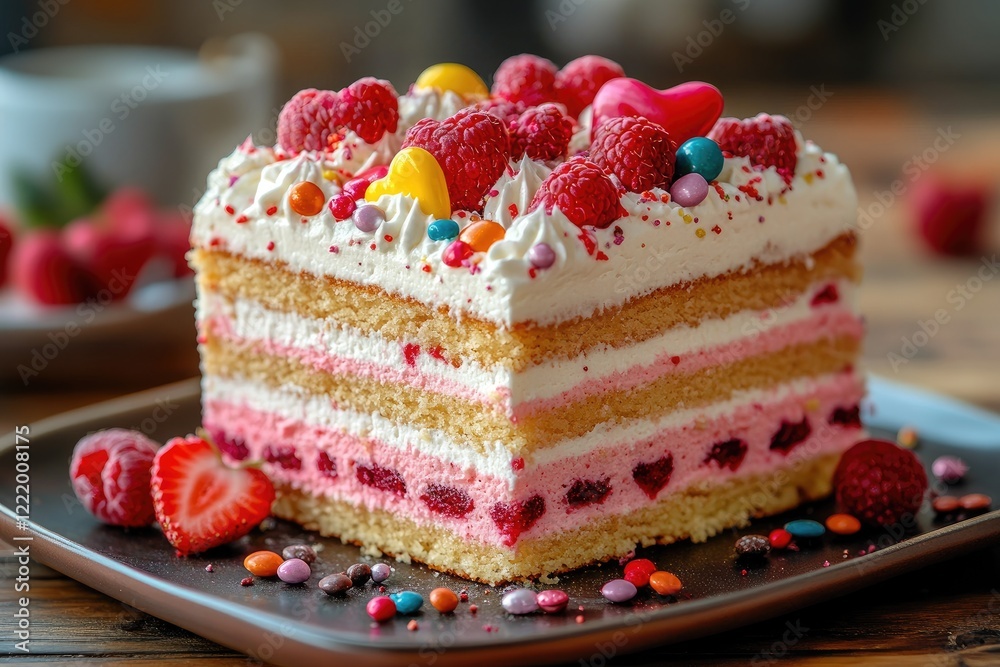 Delicious raspberry cake decorated with whipped cream and colorful candies Delicious raspberry cake decorated with whipped cream and colorful candies
