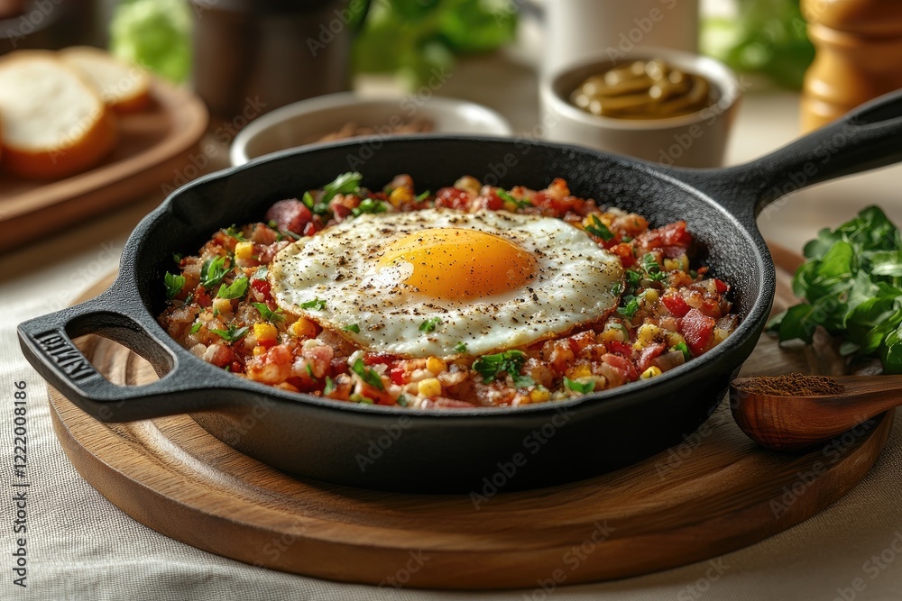 Bubble and squeak with fried egg and bacon in cast iron pan Bubble and squeak with fried egg and bacon in cast iron pan
