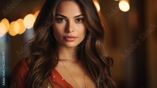 Portrait photography of a Latina adult woman with long straight hair, showcasing a confident and graceful expression.

