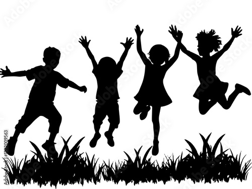 Many kid jumping cheerfully on grass, kids Jumping Silhouette Vector, silhouette of children playing