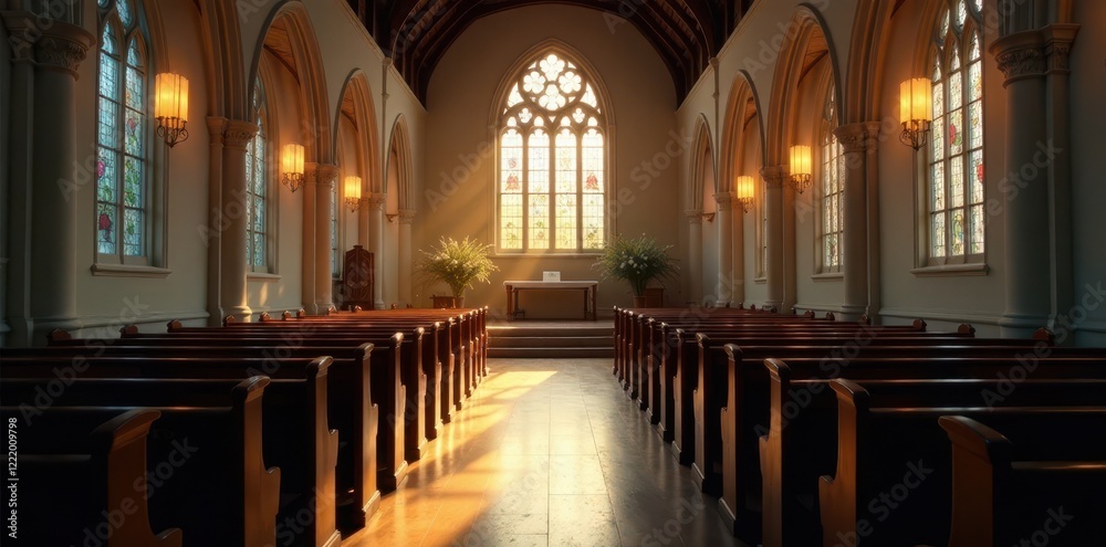 Fototapeta premium Dimly lit church, empty pews, Easter lilies, hushed stillness, majestic, prayer
