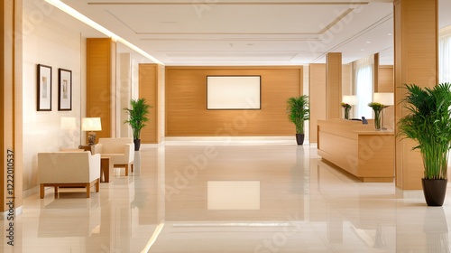 A modern, well-lit lobby featuring wooden accents, potted plants, and minimalist furniture, creating a welcoming atmosphere.