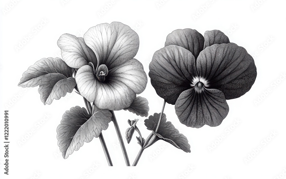 Fototapeta premium A monochrome vector illustration of two violets, one in full bloom and the other in a closed bud form