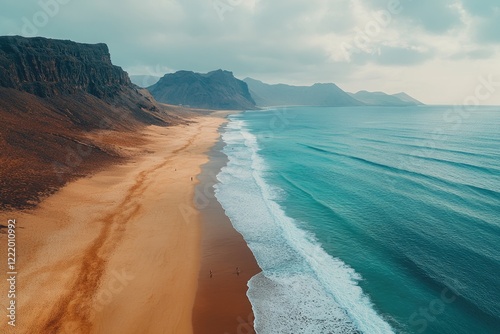 Turquoise ocean waves crashing on sandy beach in fuerteventura, canary islands photo