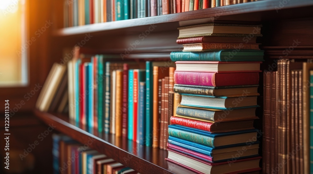 Fototapeta premium A Stack of Knowledge: A towering stack of colorful books, nestled amidst rows of well-worn tomes, evokes a sense of literary exploration and boundless knowledge within a classic library setting.