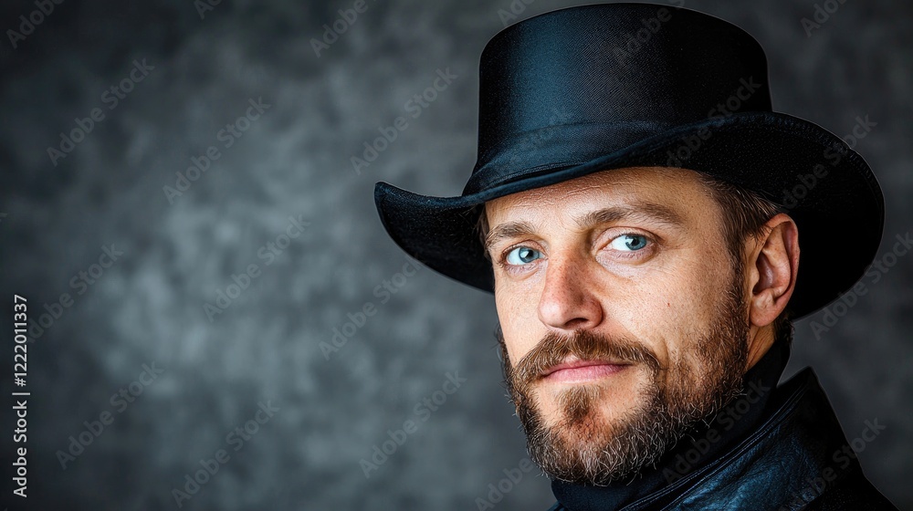 Man with beard wearing top hat, studio portrait, grey background Man with beard wearing top hat, studio portrait, grey background
