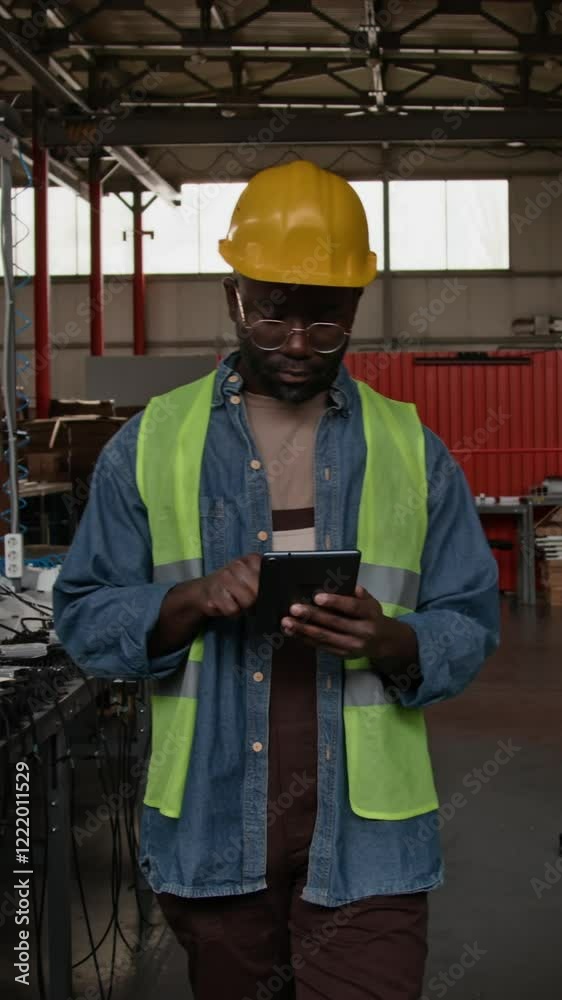 Medium full vertical shot of busy black male industrial factory engineer with tablet computer walking along workshop with assembly line, looking down at screen and typing Medium full vertical shot of busy black male industrial factory engineer with tablet computer walking along workshop with assembly line, looking down at screen and typing
