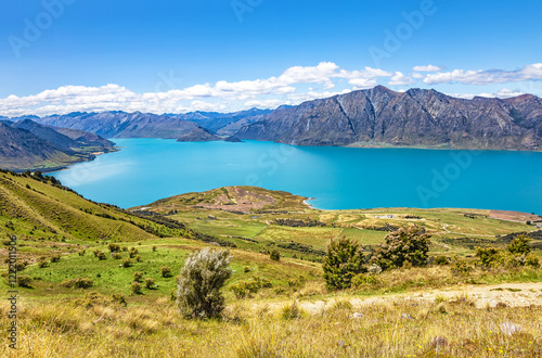 Lake Hawea and the mountains, Otago, South Island, New Zealand, Oceania.