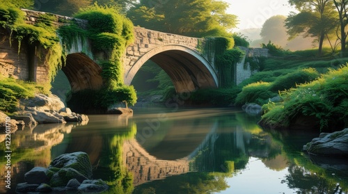 Ancient Stone Bridge: A picturesque arched stone bridge, draped in lush green moss and vegetation, reflects serenely in the calm waters of a tranquil stream. Morning sun illuminates the scene. photo